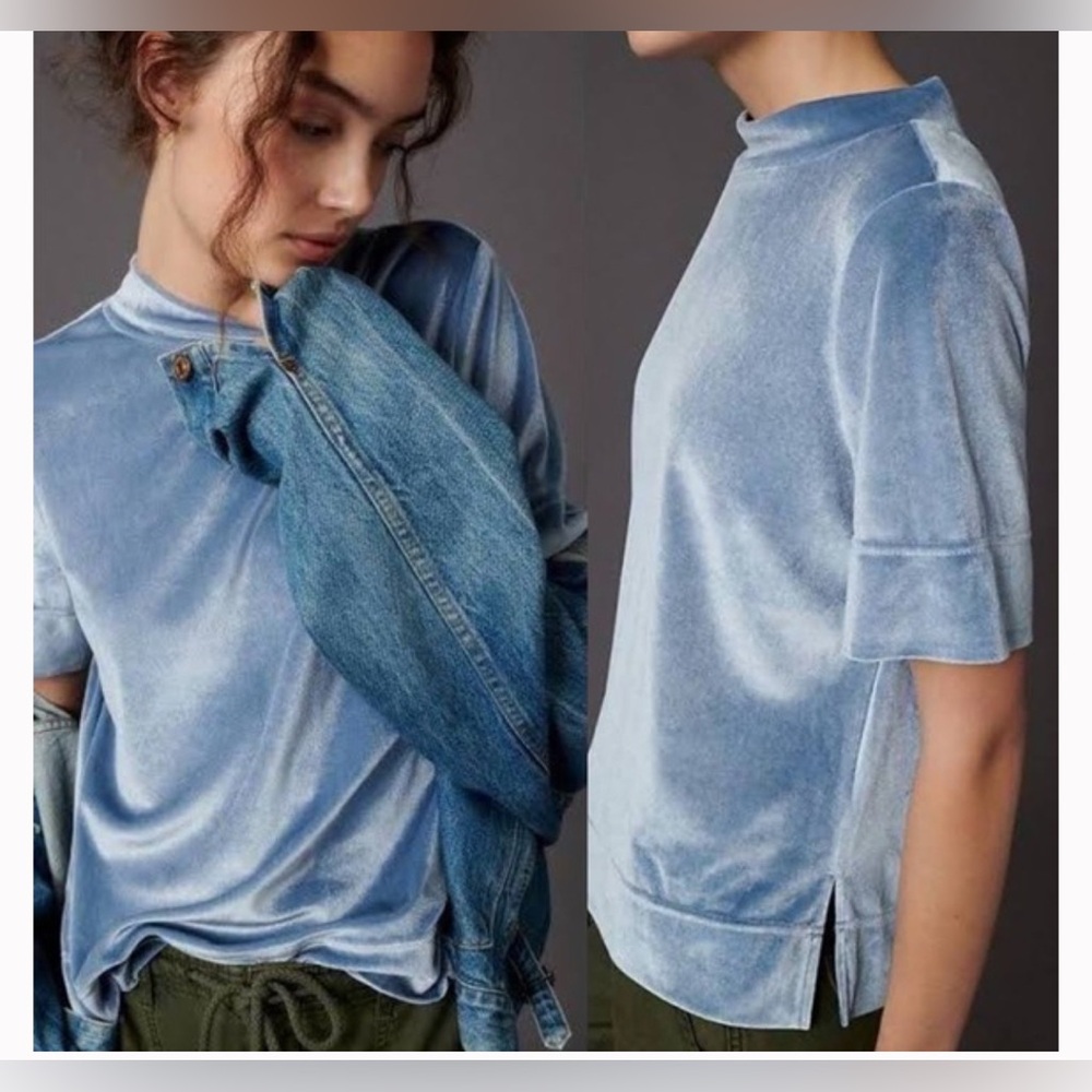 Anthropologie Powder Blue Velvet Mock Neck Short Sleeve Top